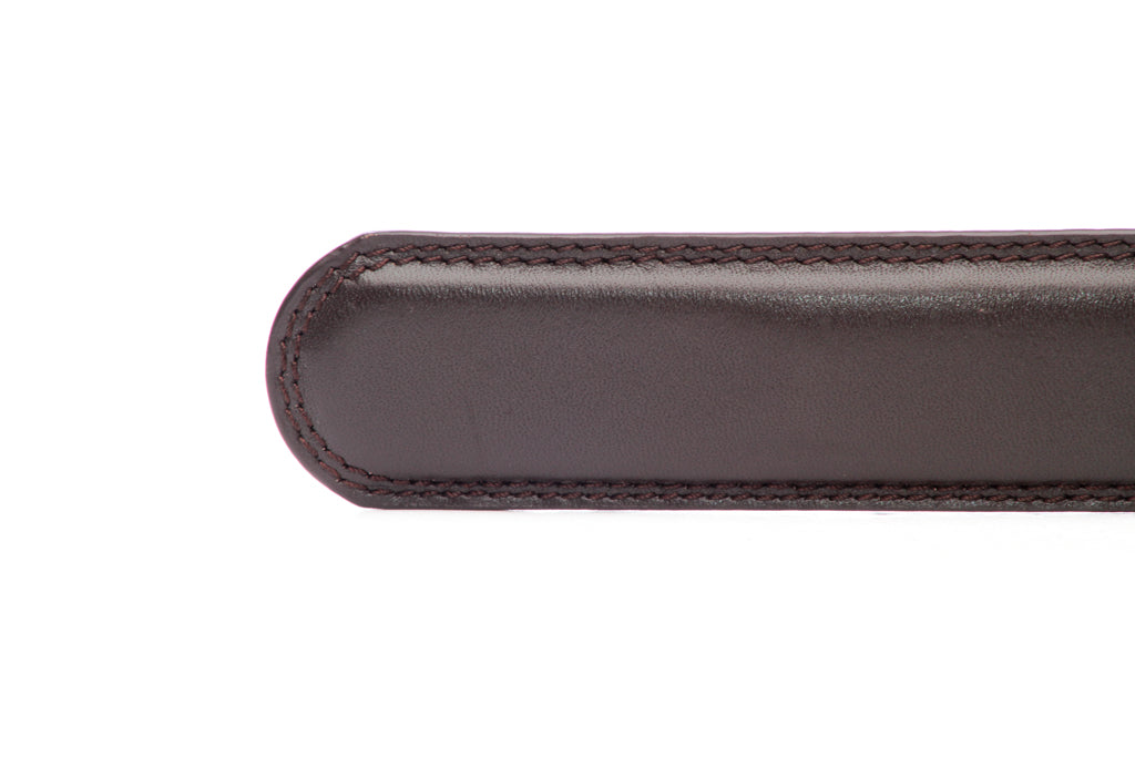 Men's leather belt strap in dark brown with a 1.25-inch width, formal look, tip of the strap