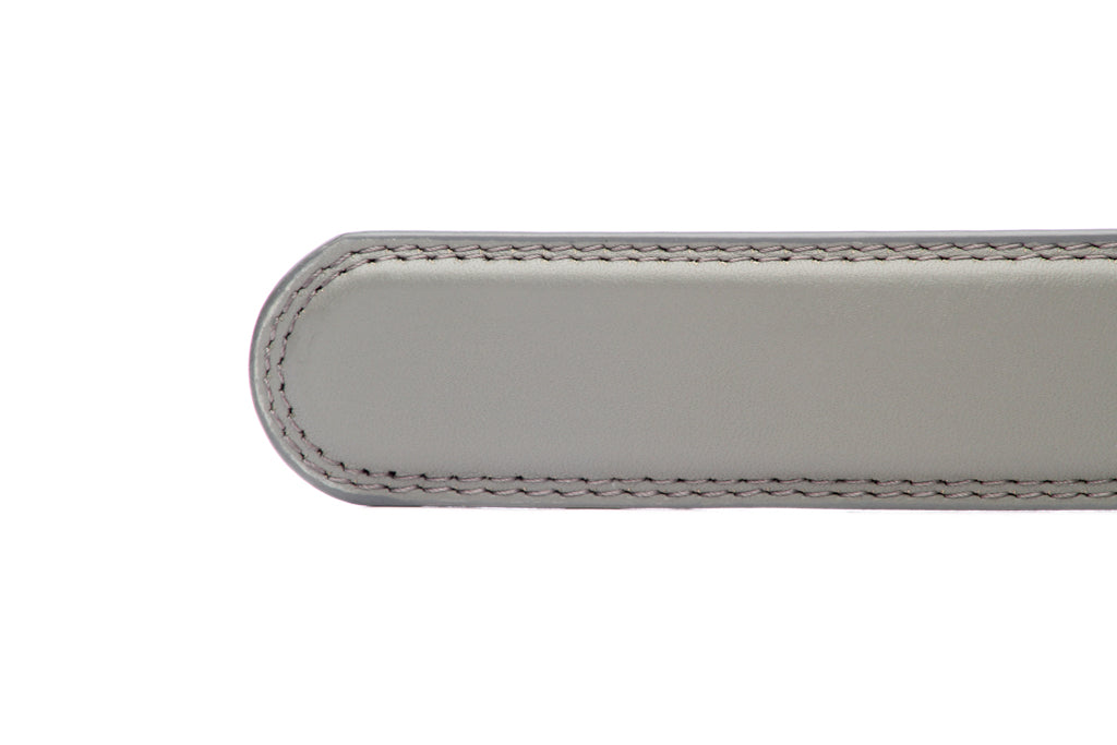 Men's leather belt strap in grey with a 1.25-inch width, formal look, tip of the strap
