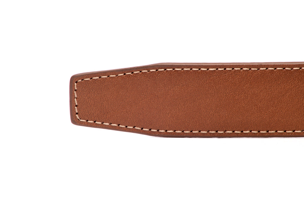 Men's leather belt strap in light brown vegetable tanned with a 1.25-inch width, formal look, tip of the strap