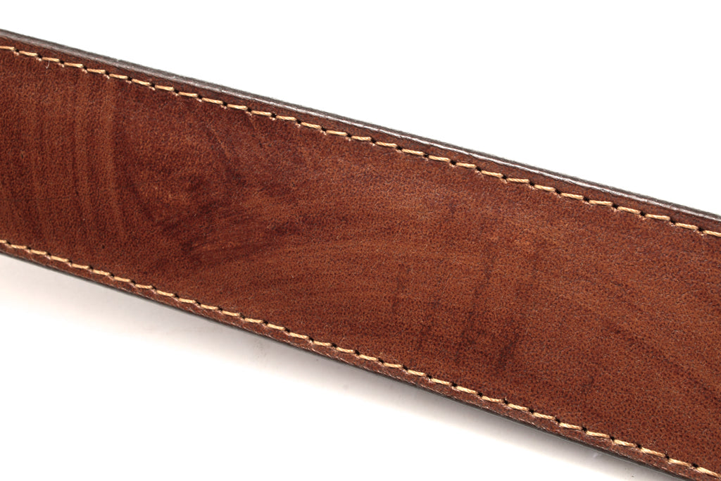 Men's leather belt strap in marbled tan buffalo vegetable tanned, 1.5 inches wide, formal look, stitching close up