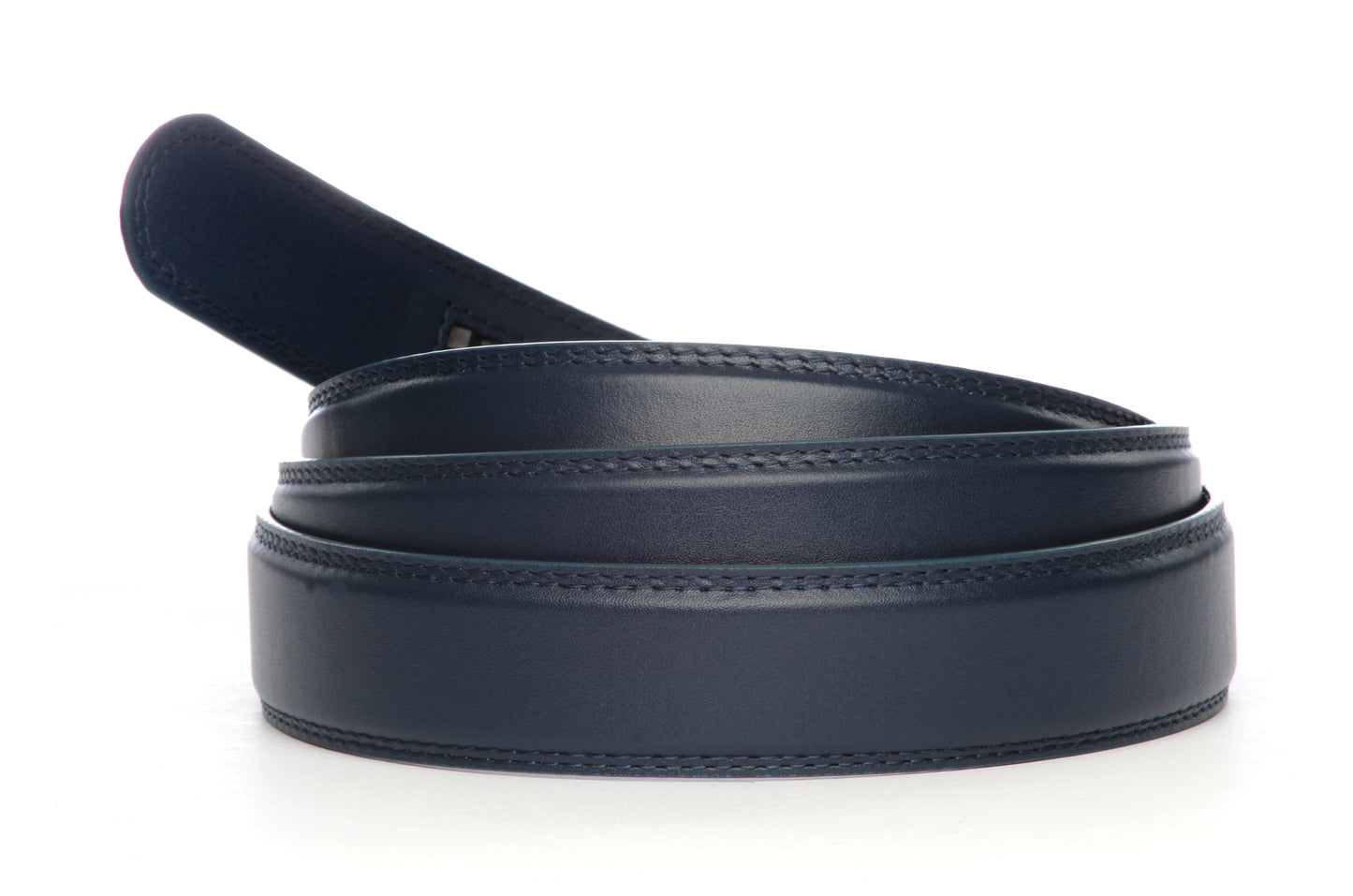 Men's leather belt strap in navy with a 1.25-inch width, formal look, full grain leather