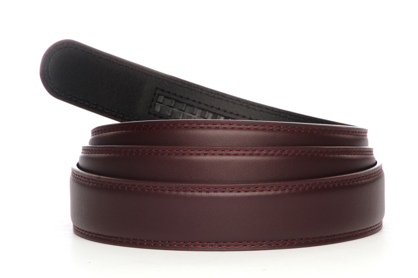 Men's leather belt strap in oxblood with a 1.25-inch width, formal look, back texture