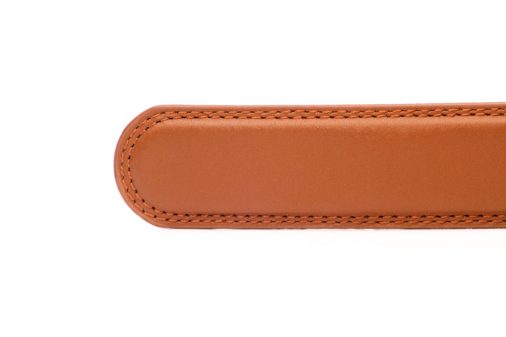 Men's leather belt strap in saddle tan with a 1.25-inch width, formal look, tip of the strap