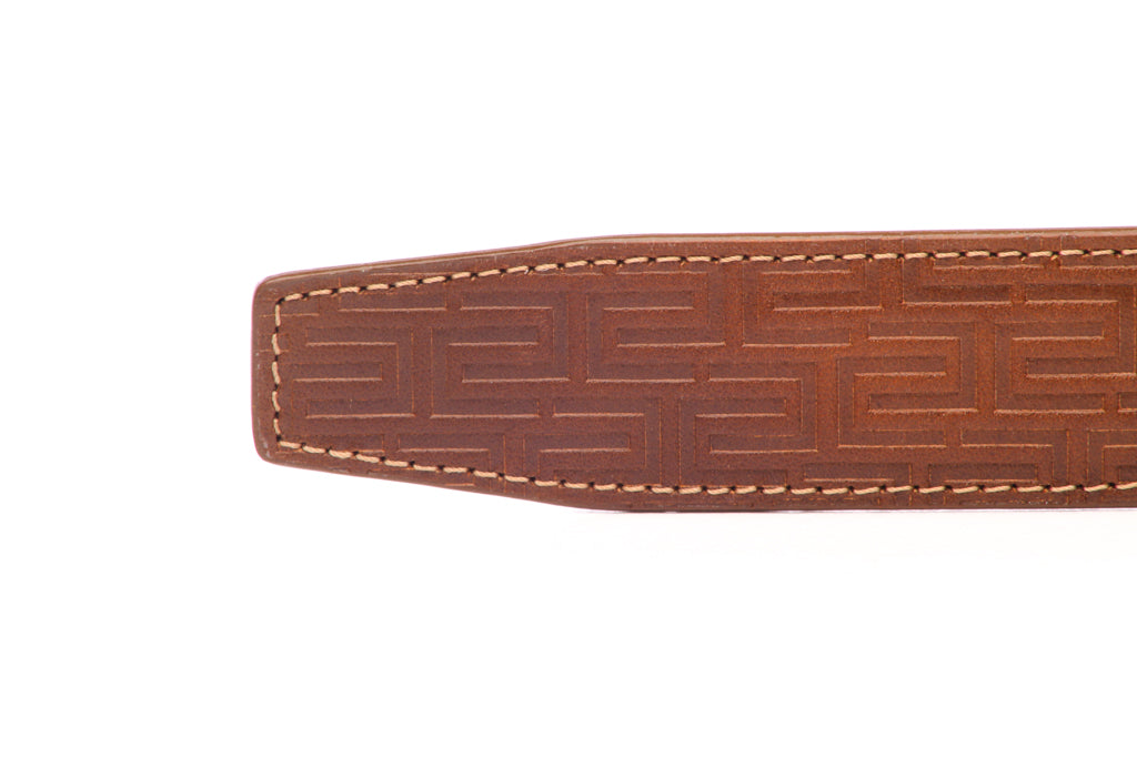 Men's leather belt strap in signature light brown vegetable tanned with a 1.25-inch width, casual look, tip of the strap