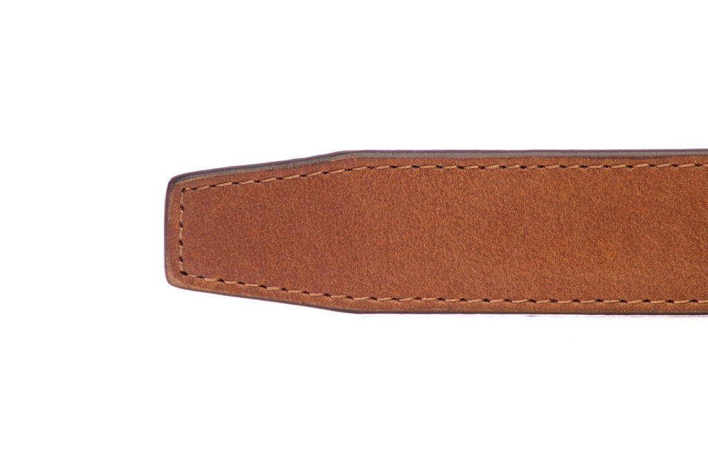 Men's leather belt strap in tan buffalo vegetable tanned with a 1.25-inch width, formal look, tip of the strap