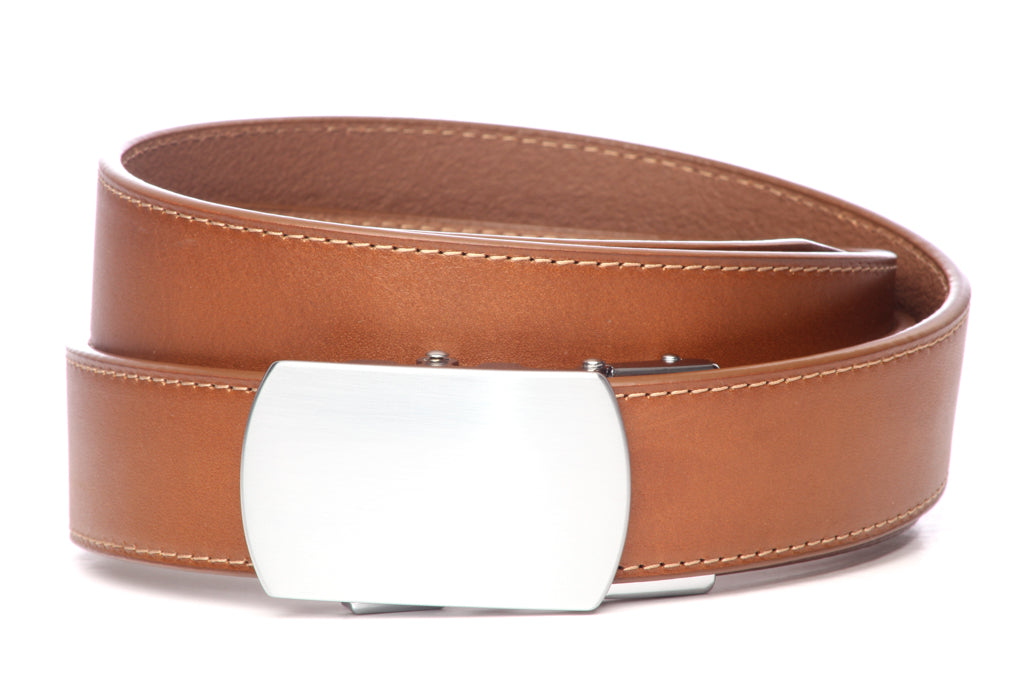 Men’s light brown vegetable tanned leather belt strap and classic buckle in silver with a curve, casual look, 1.5 inches wide