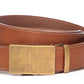 Men’s light brown vegetable tanned leather belt strap with classic buckle in antiqued gold, casual look, 1.5 inches wide