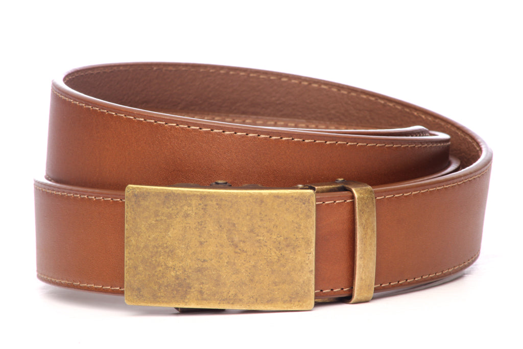Men’s light brown vegetable tanned leather belt strap with classic buckle in antiqued gold, casual look, 1.5 inches wide