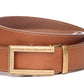 Men’s light brown vegetable tanned leather belt strap with traditional buckle in antiqued gold, casual look, 1.5 inches wide