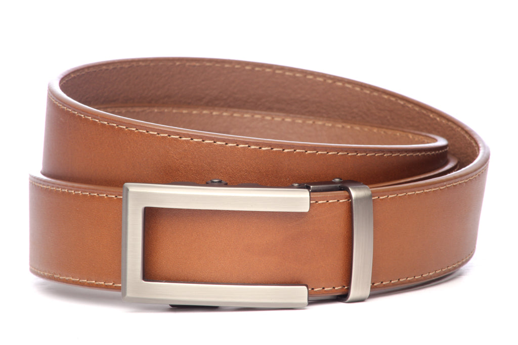 Men’s light brown vegetable tanned leather belt strap with traditional buckle in gunmetal, casual look, 1.5 inches wide