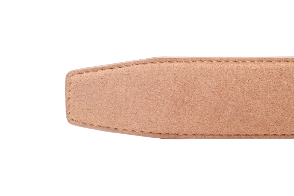Men's micro-suede belt strap in beige, 1.5 inches wide, formal look, tip of the strap