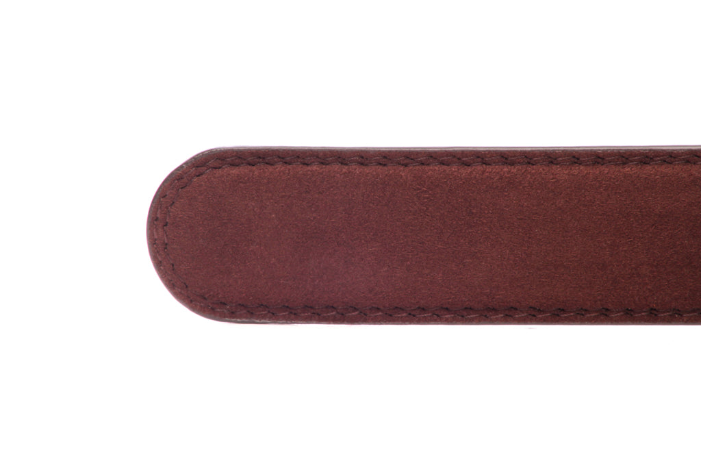 Men's micro-suede belt strap in chocolate with a 1.25-inch width, formal look, tip of the strap