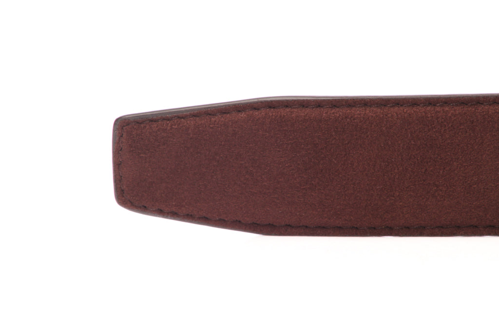 Men's micro-suede belt strap in chocolate, 1.5 inches wide, formal look, tip of the strap