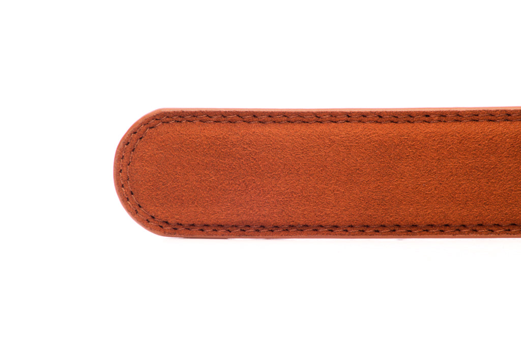 Men's micro-suede belt strap in cognac with a 1.25-inch width, formal look, tip of the strap