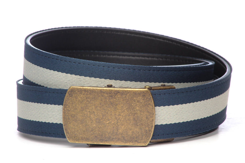 Cloth Belt w/ Buckle - Men's Ratchet Belt - Navy w/ White Stripe, 1.5