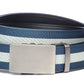 Men’s navy with white stripe cloth belt strap and classic buckle in gunmetal, casual look, 1.5 inches wide