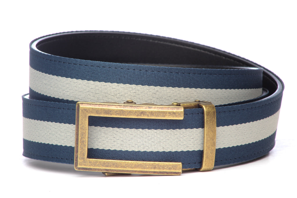 Men’s navy with white stripe cloth belt strap and traditional buckle in antiqued gold, casual look, 1.5 inches wide