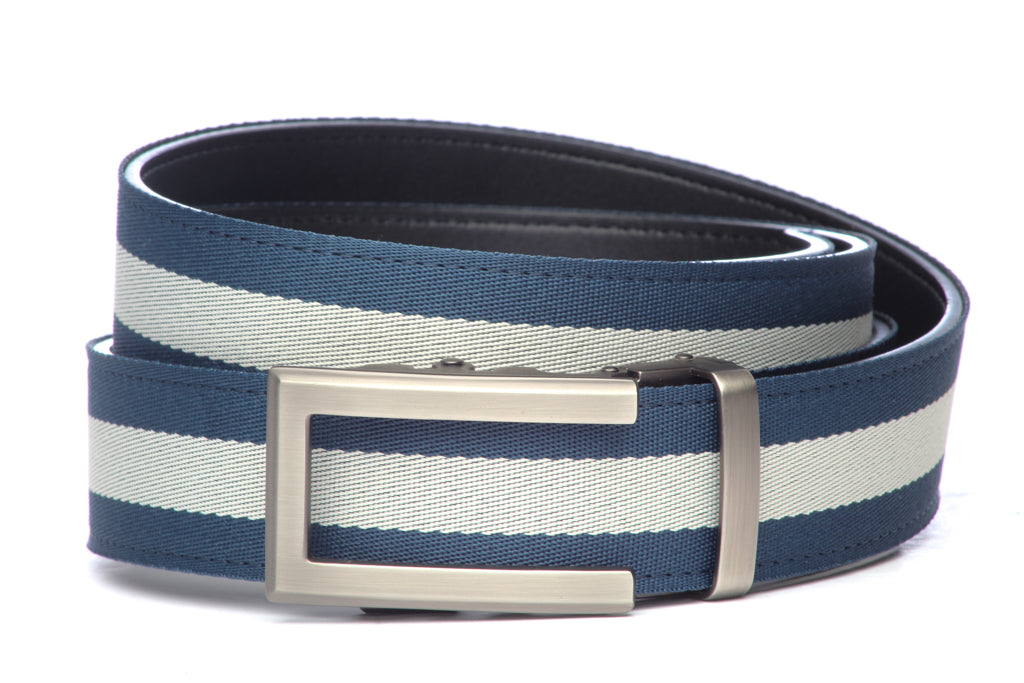 Men’s navy with white stripe cloth belt strap and traditional buckle in gunmetal, casual look, 1.5 inches wide
