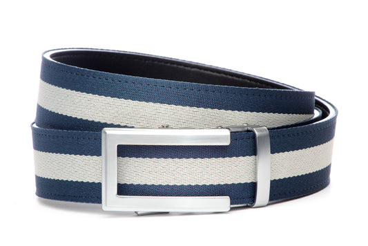 Men’s navy with white stripe cloth belt strap and traditional buckle in silver, casual look, 1.5 inches wide