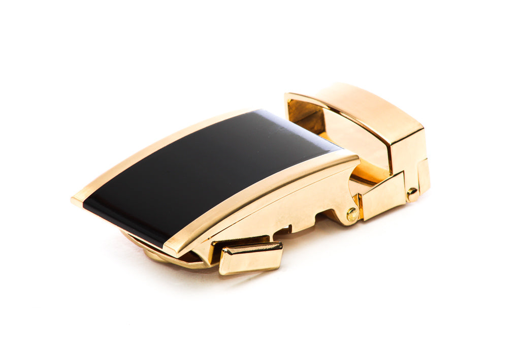 Men's onyx ratchet belt buckle in gold with a 1.25-inch width.
