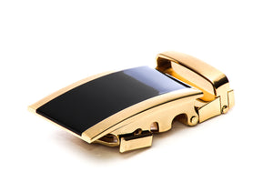 Men's onyx ratchet belt buckle in gold with a width of 1.5 inches.