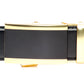 Men's onyx ratchet belt buckle in gold with a width of 1.5 inches, front view.