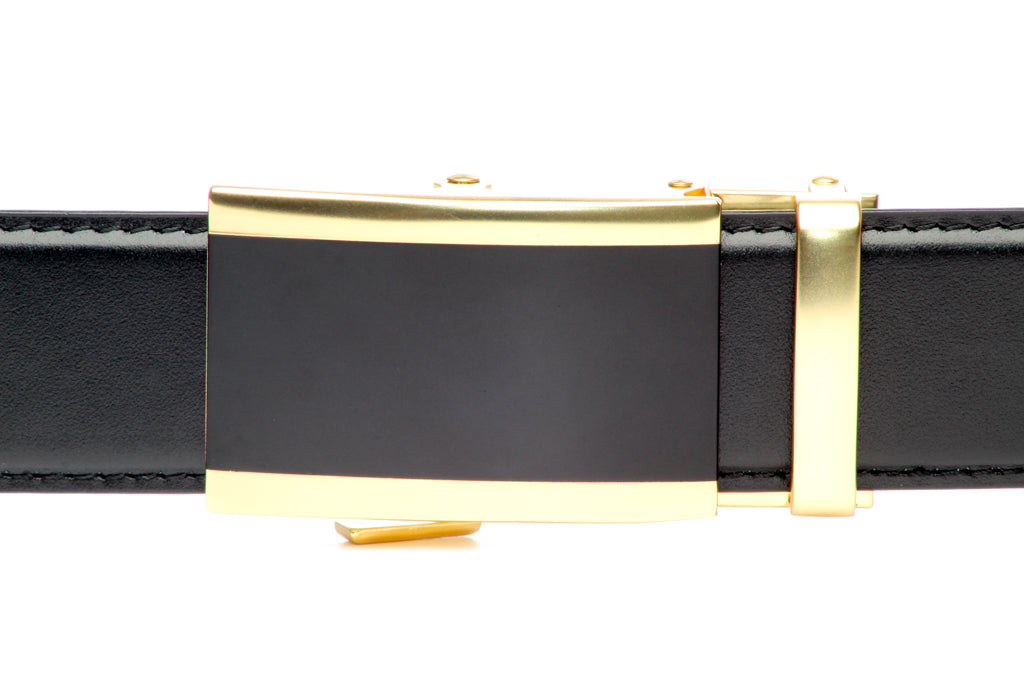 Men's onyx ratchet belt buckle in gold with a width of 1.5 inches, front view.