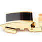 Men's onyx ratchet belt buckle in gold with a 1.25-inch width, left side view.