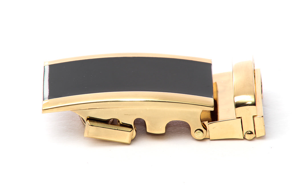 Men's onyx ratchet belt buckle in gold with a width of 1.5 inches, left side view.