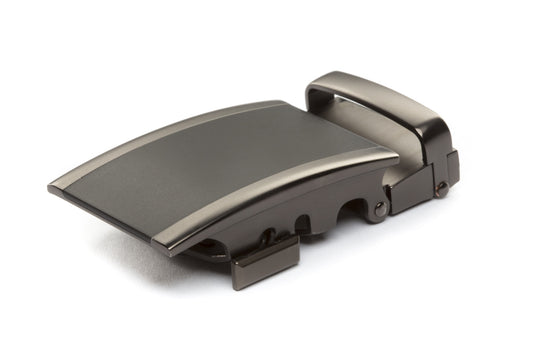 Men's onyx ratchet belt buckle in matte gunmetal with a width of 1.5 inches.