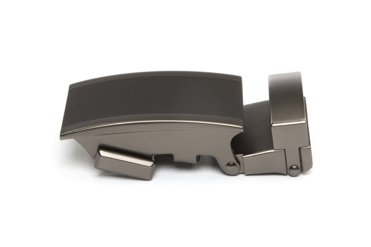 Men's onyx ratchet belt buckle in matte gunmetal with a 1.25-inch width, left side view.