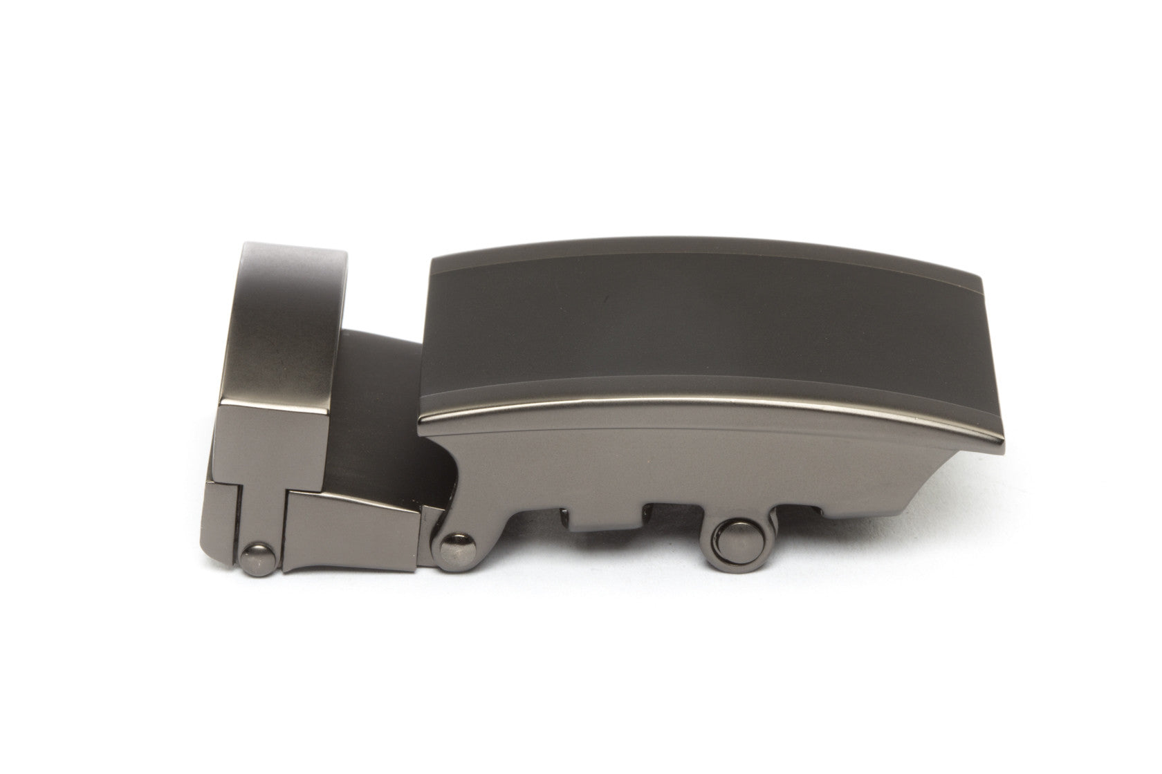 Men's onyx ratchet belt buckle in matte gunmetal with a 1.25-inch width, right side view.