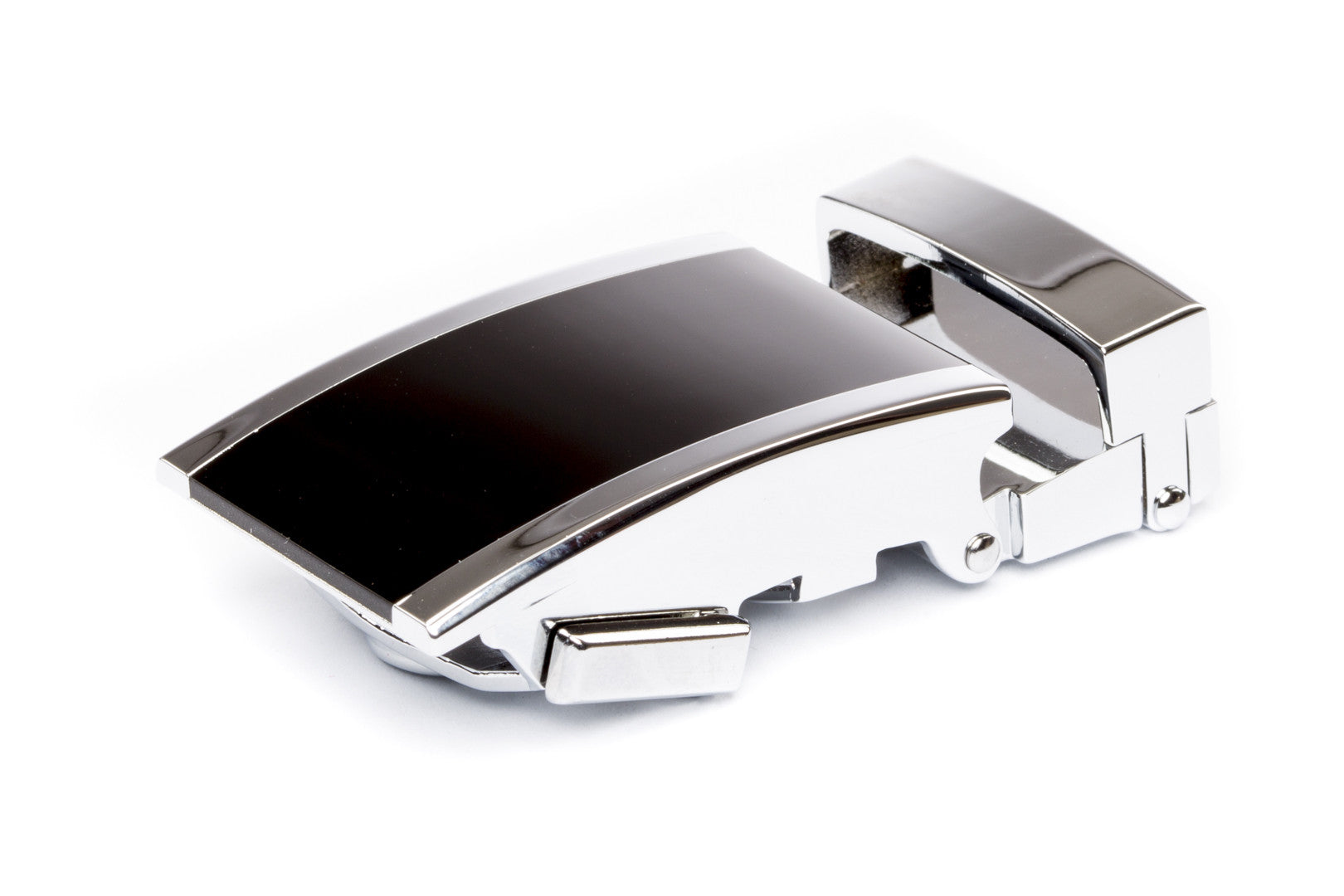 Men's onyx ratchet belt buckle in silver with a 1.25-inch width.
