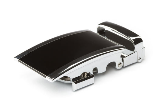Men's onyx ratchet belt buckle in silver with a width of 1.5 inches.