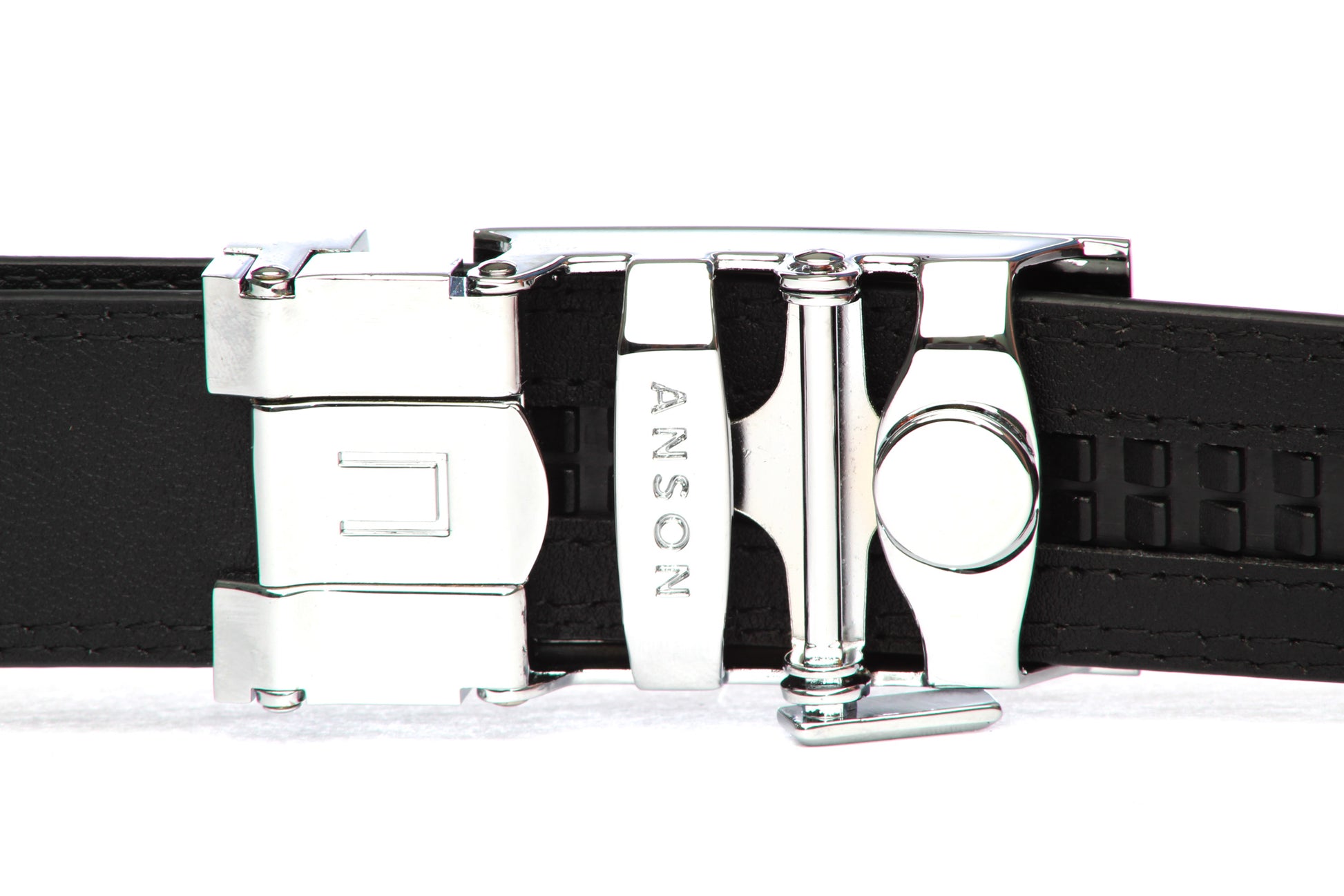 Men's onyx ratchet belt buckle in silver with a 1.25-inch width, back view.