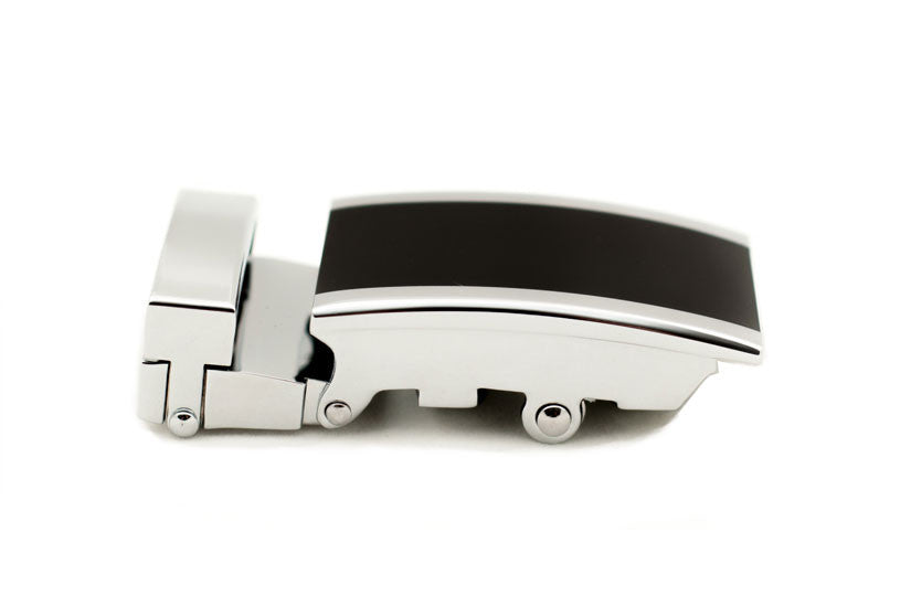 Men's onyx ratchet belt buckle in silver with a 1.25-inch width, right side view.