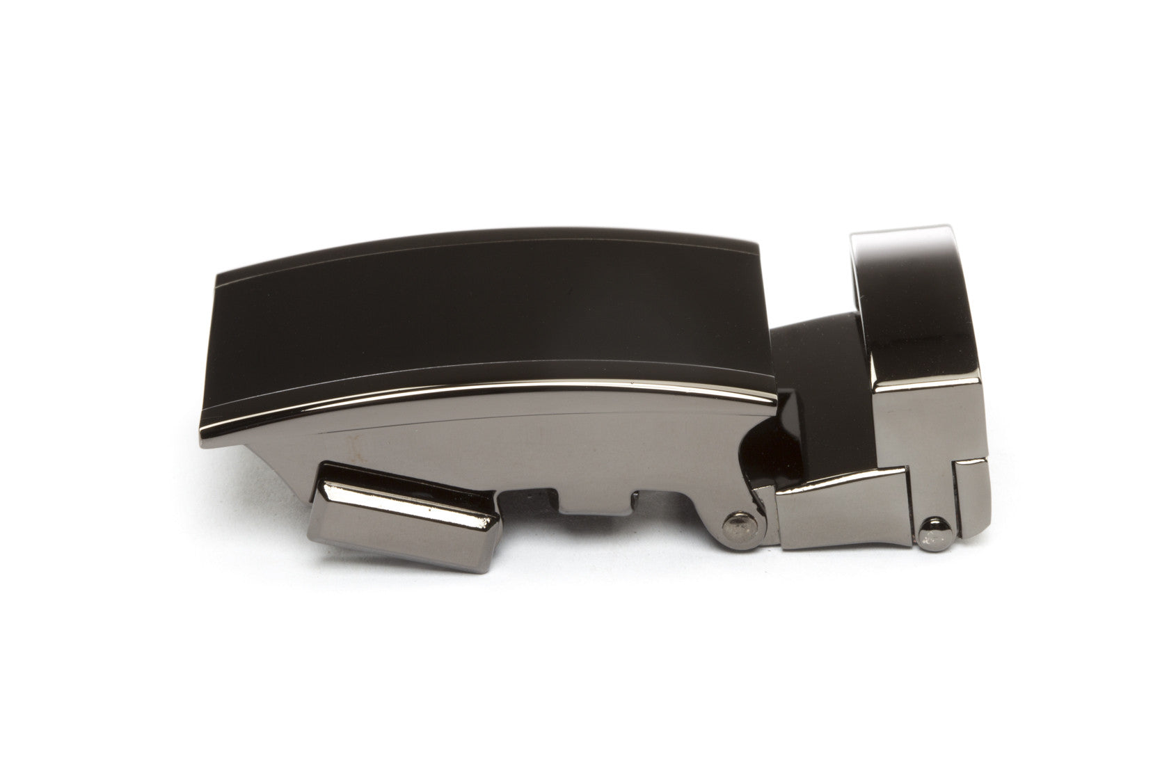Men's onyx ratchet belt buckle in smoked gunmetal with a 1.25-inch width, left side view.