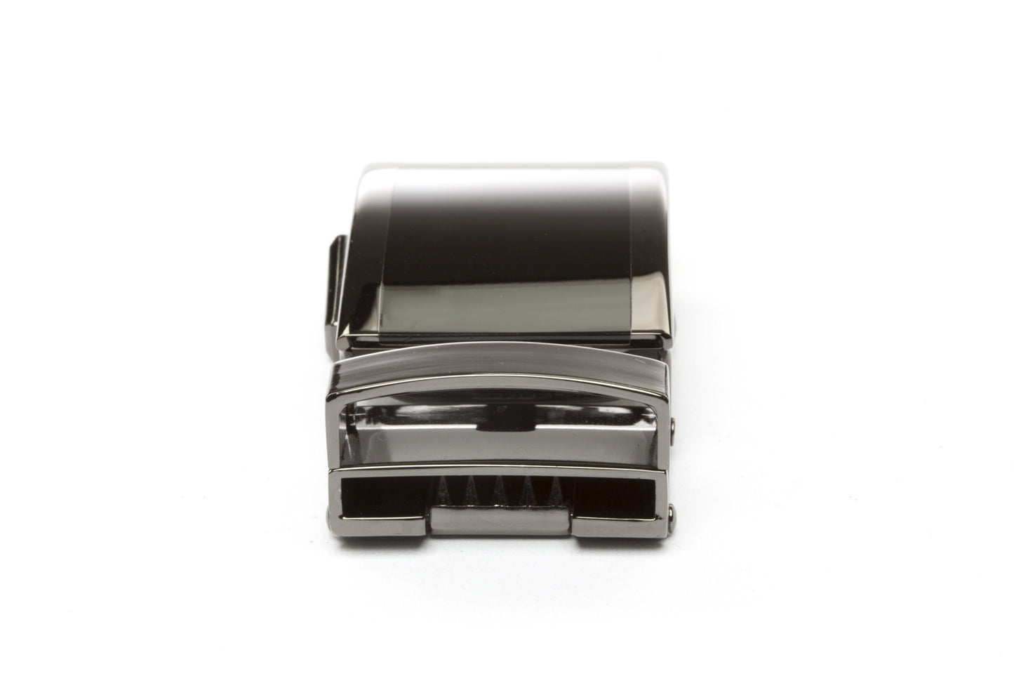 Men's onyx ratchet belt buckle in smoked gunmetal with a 1.25-inch width, rear view.