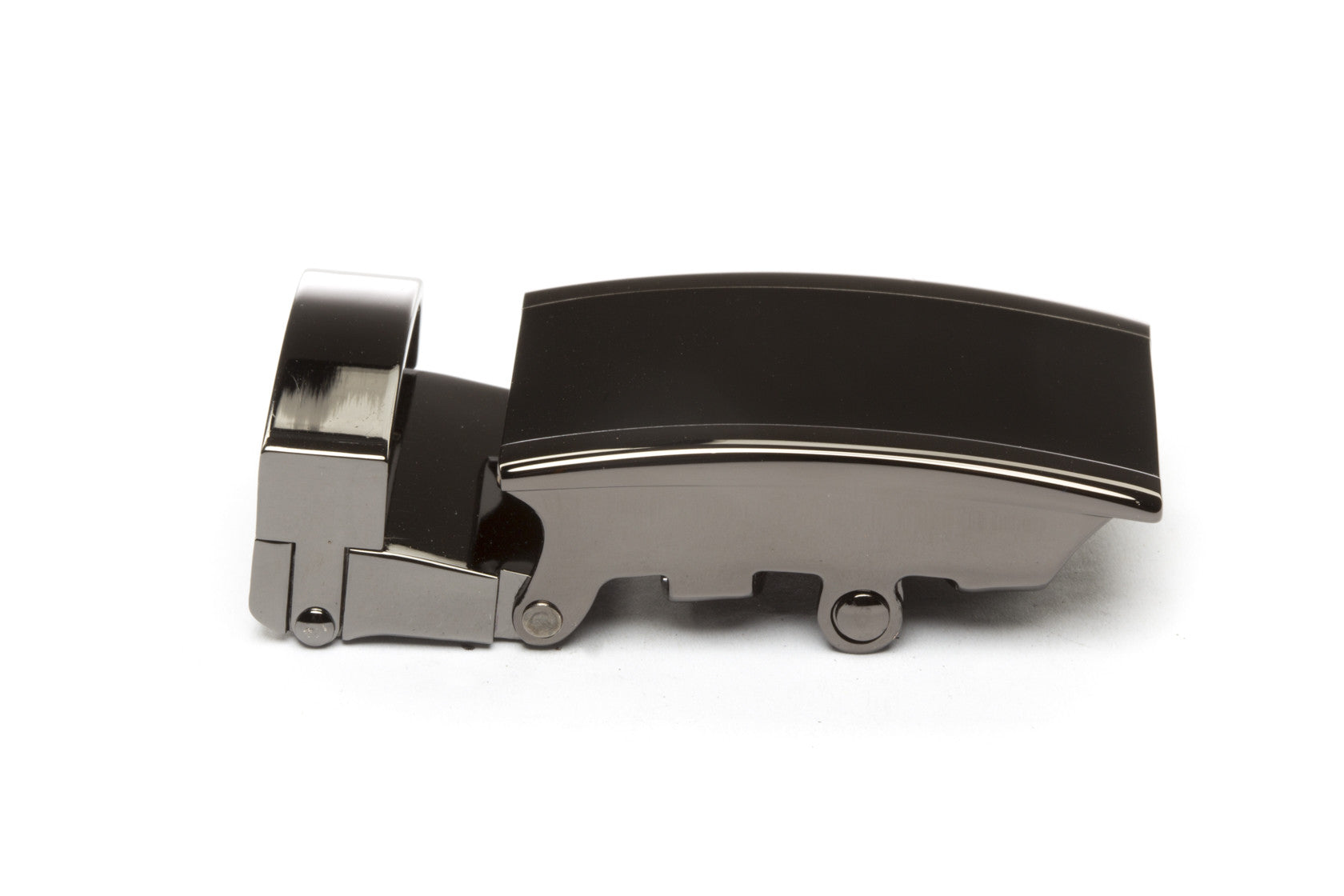 Men's onyx ratchet belt buckle in smoked gunmetal with a 1.25-inch width, right side view.