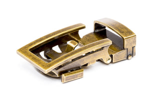 Men's traditional ratchet belt buckle in antiqued gold with a 1.25-inch width.