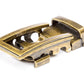 Men's traditional ratchet belt buckle in antiqued gold with a width of 1.5 inches.