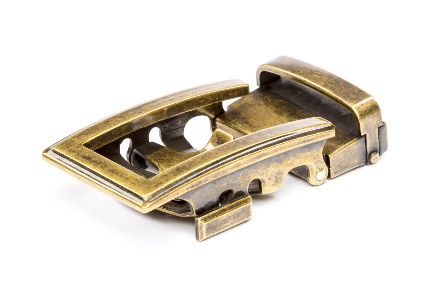 Men's traditional ratchet belt buckle in antiqued gold with a width of 1.5 inches.