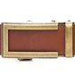 Men's traditional ratchet belt buckle in antiqued gold with a width of 1.5 inches, front view.