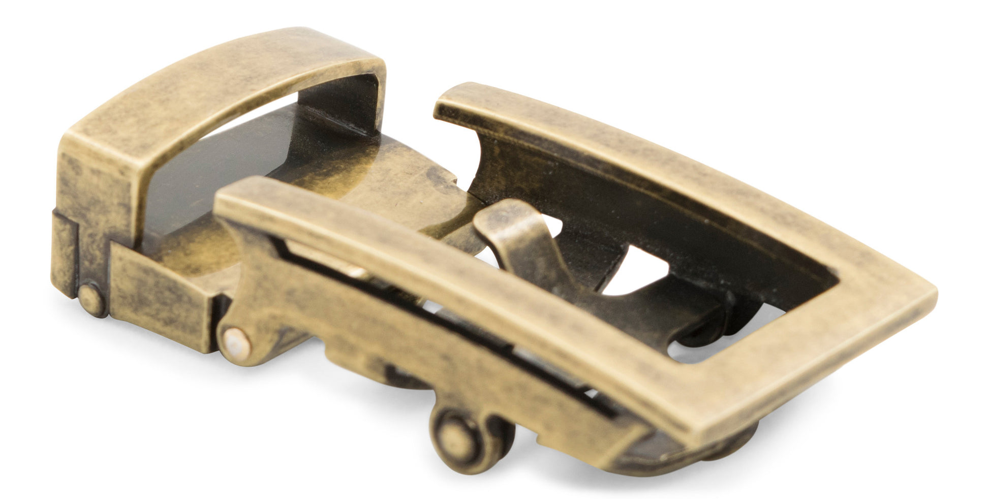 Men's traditional ratchet belt buckle in antiqued gold with a 1.25-inch width, oblique view.