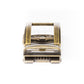Men's traditional ratchet belt buckle in antiqued gold with a width of 1.5 inches, rear view.