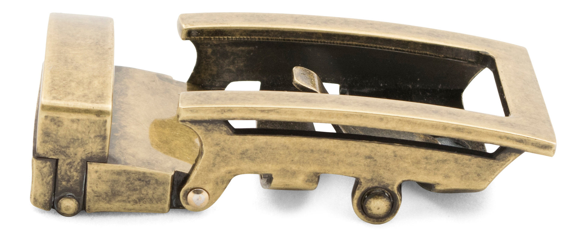 Men's traditional ratchet belt buckle in antiqued gold with a 1.25-inch width, right side view.
