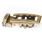 Men's traditional ratchet belt buckle in antiqued gold with a width of 1.5 inches, right side view.