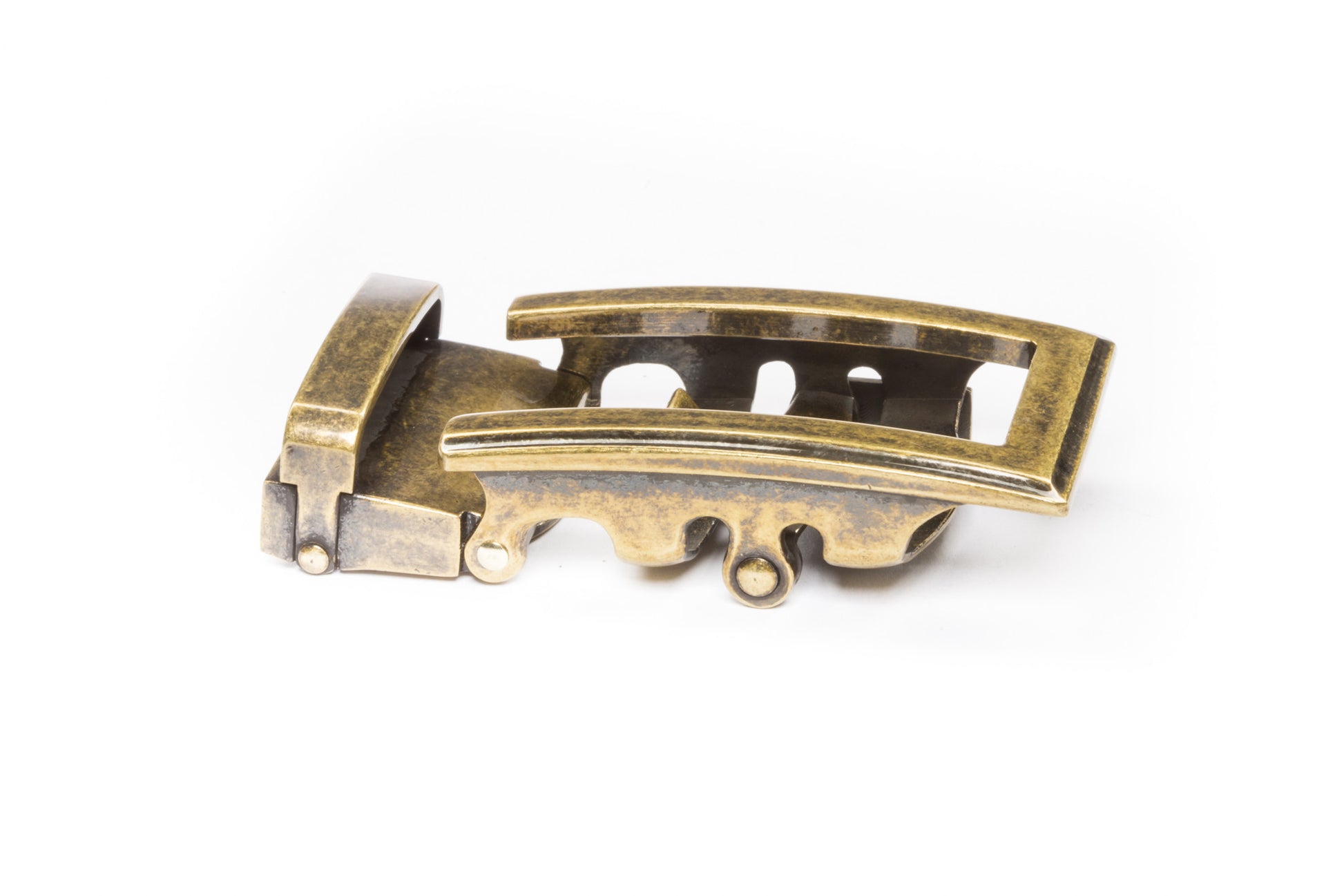 Men's traditional ratchet belt buckle in antiqued gold with a width of 1.5 inches, right side view.