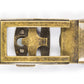 Men's traditional ratchet belt buckle in antiqued gold with a width of 1.5 inches, top view.