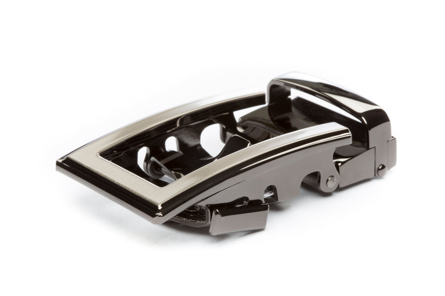 Men's traditional ratchet belt buckle in formal gunmetal with a width of 1.5 inches.